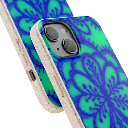 A close-up of a smartphone case with a blue and green floral mandala pattern and a natural beige textured edge, shown on a phone against a white background.