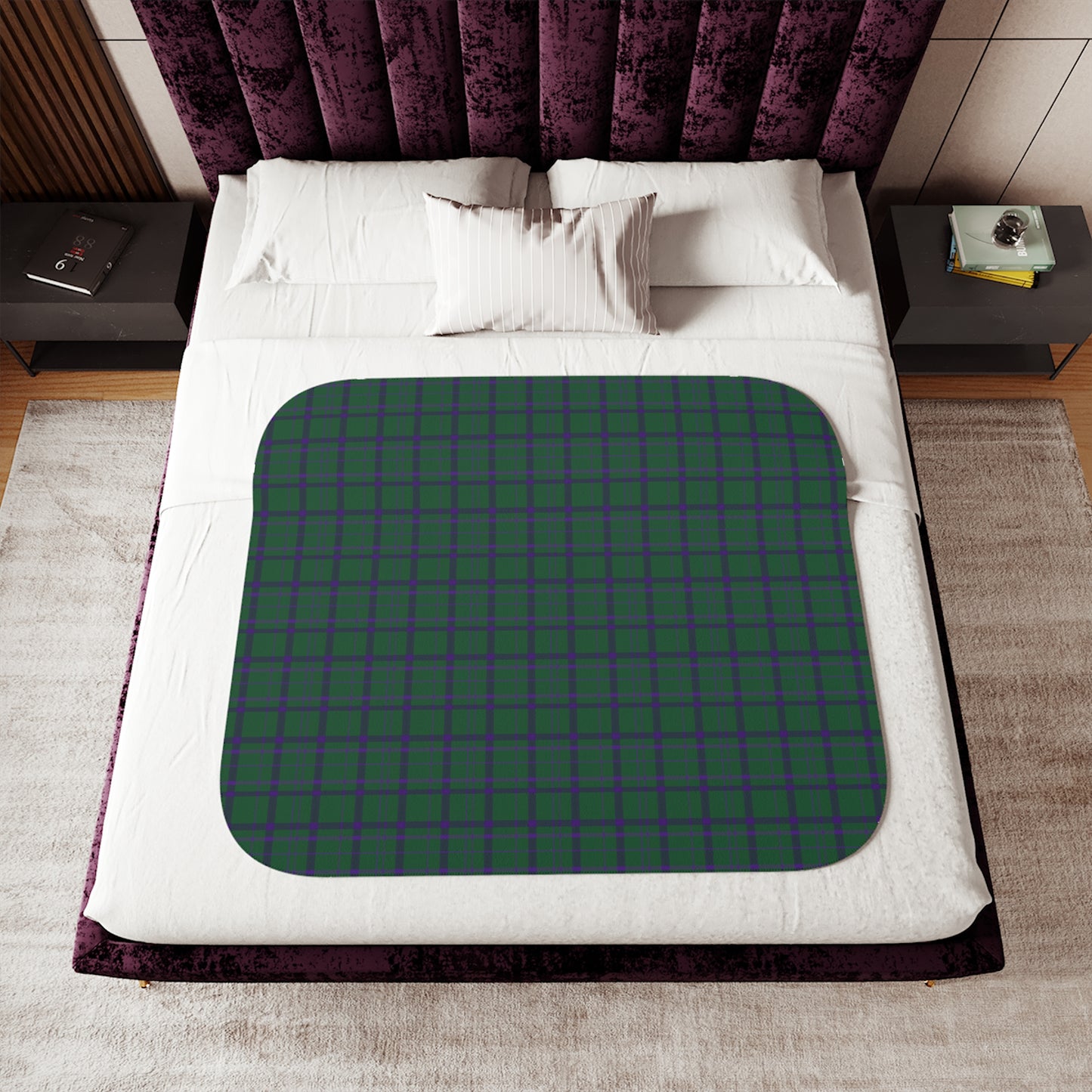 Green and Purple Plaid Tartan Sherpa Fleece Blanket