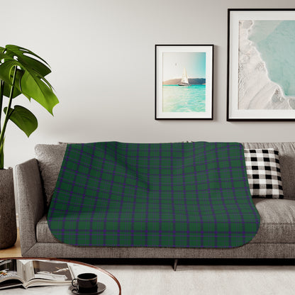A green and purple tartan plaid throw blanket is draped over a gray fabric sofa in a modern living room setting. The room features a light gray wall with two framed art prints, a potted green plant on the left, and a black and white checkered pillow on the right.
