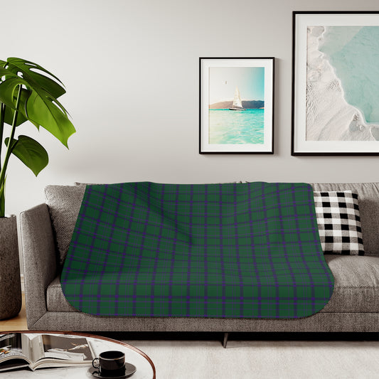 A green and purple tartan plaid throw blanket is draped over a gray fabric sofa in a modern living room setting. The room features a light gray wall with two framed art prints, a potted green plant on the left, and a black and white checkered pillow on the right.