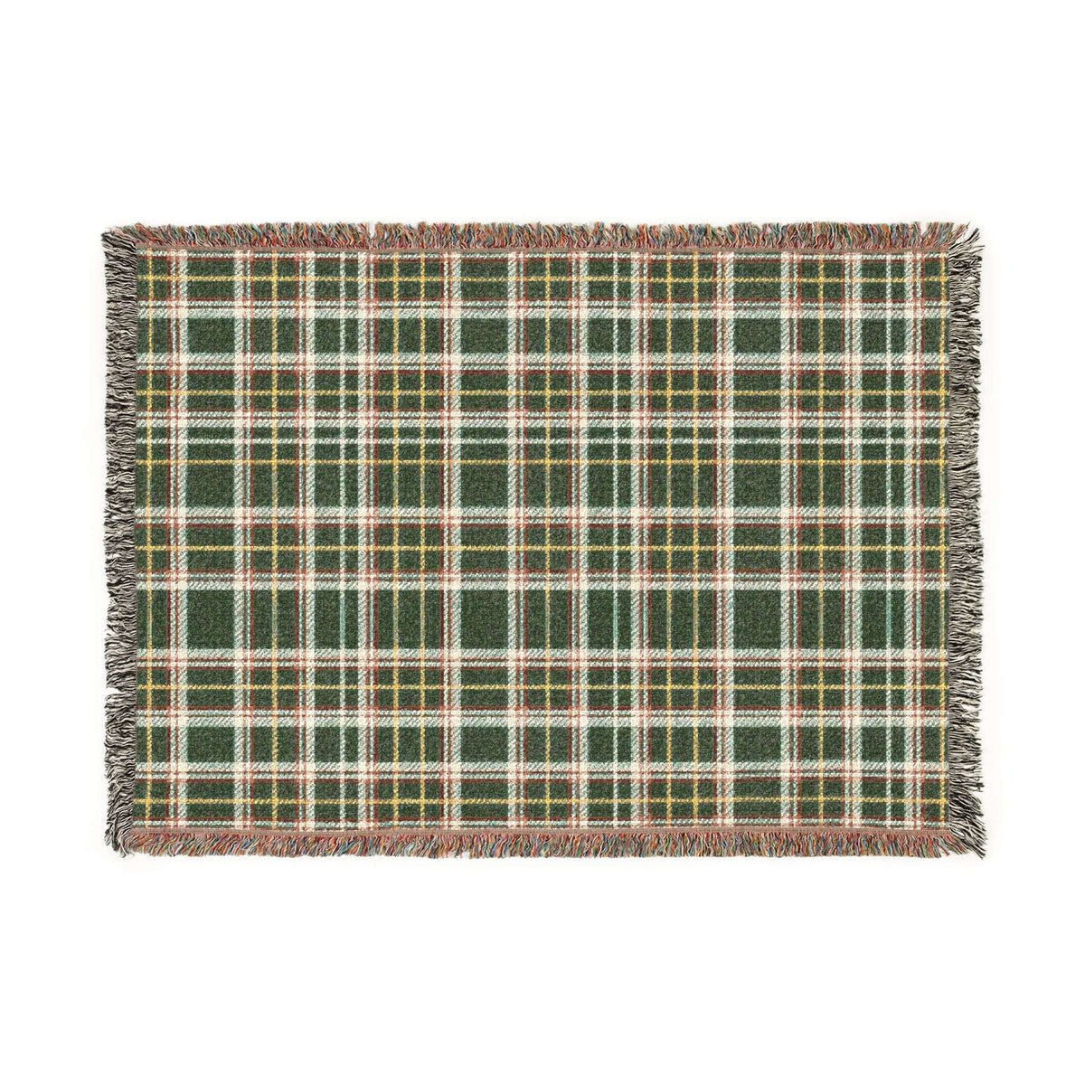 A rectangular woven throw blanket with a green, white, and yellow plaid pattern and fringed edges, shown flat against a white background.