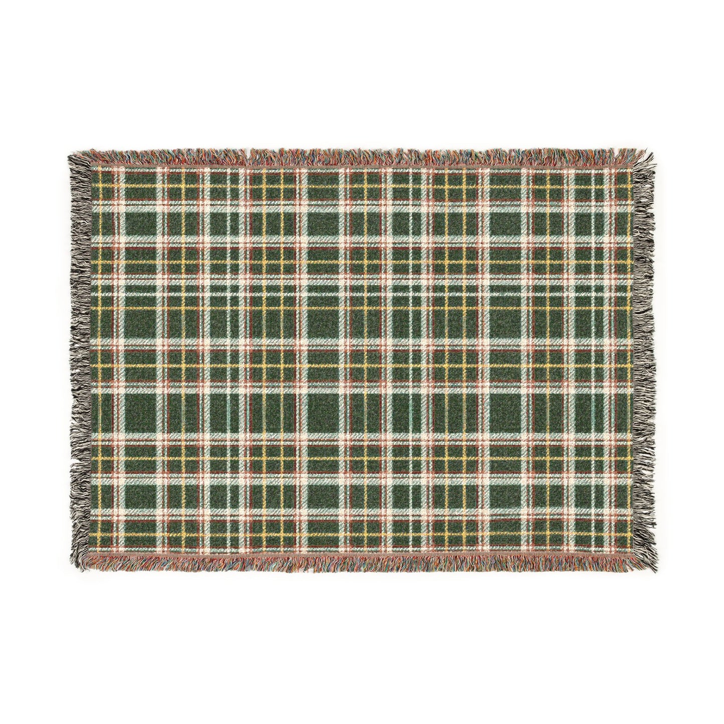 A rectangular woven placemat with a green, white, and yellow plaid pattern and fringed edges, shown flat against a white background.