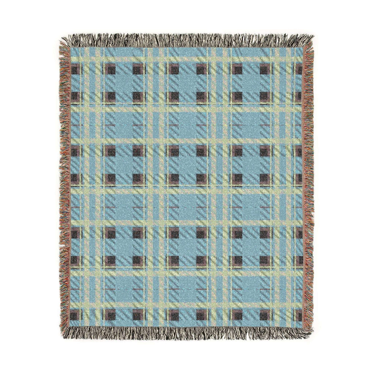 A rectangular woven throw blanket with a light blue, beige, and brown plaid pattern and fringed edges, shown flat against a white background.