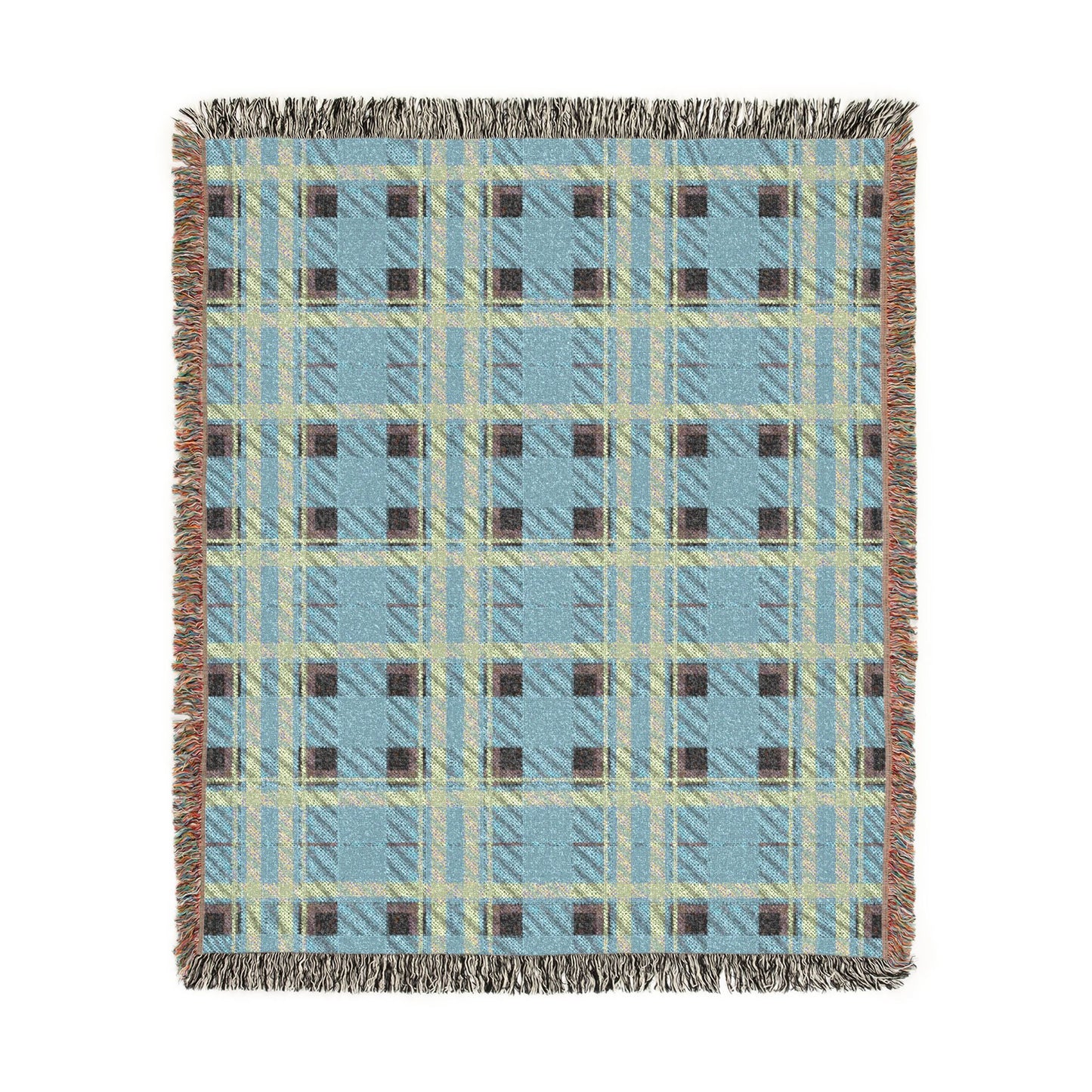 A rectangular woven throw blanket with a light blue, beige, and brown plaid pattern and fringed edges, shown flat against a white background.