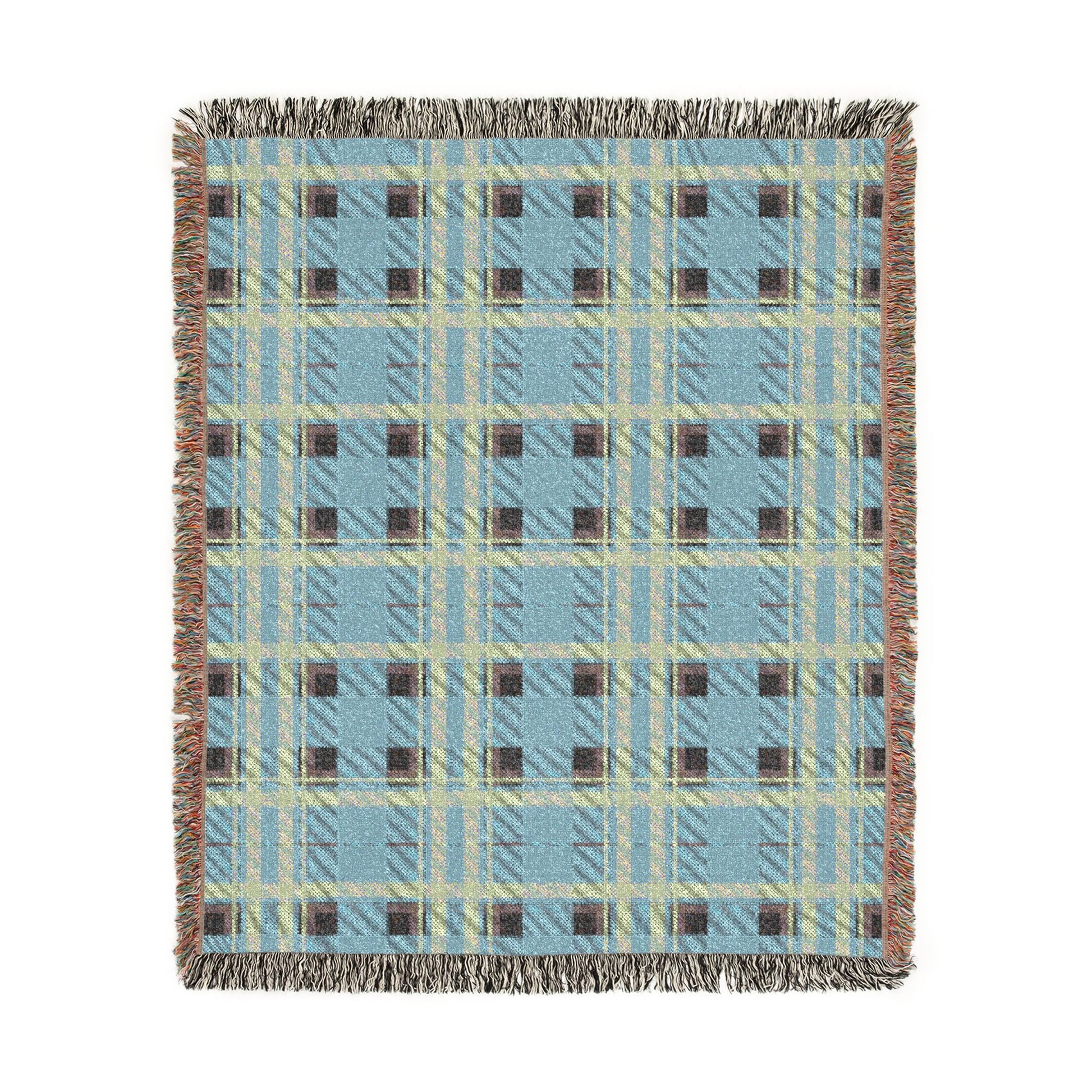 A rectangular woven throw blanket with a light blue, beige, and brown plaid pattern and fringed edges, shown flat against a white background.