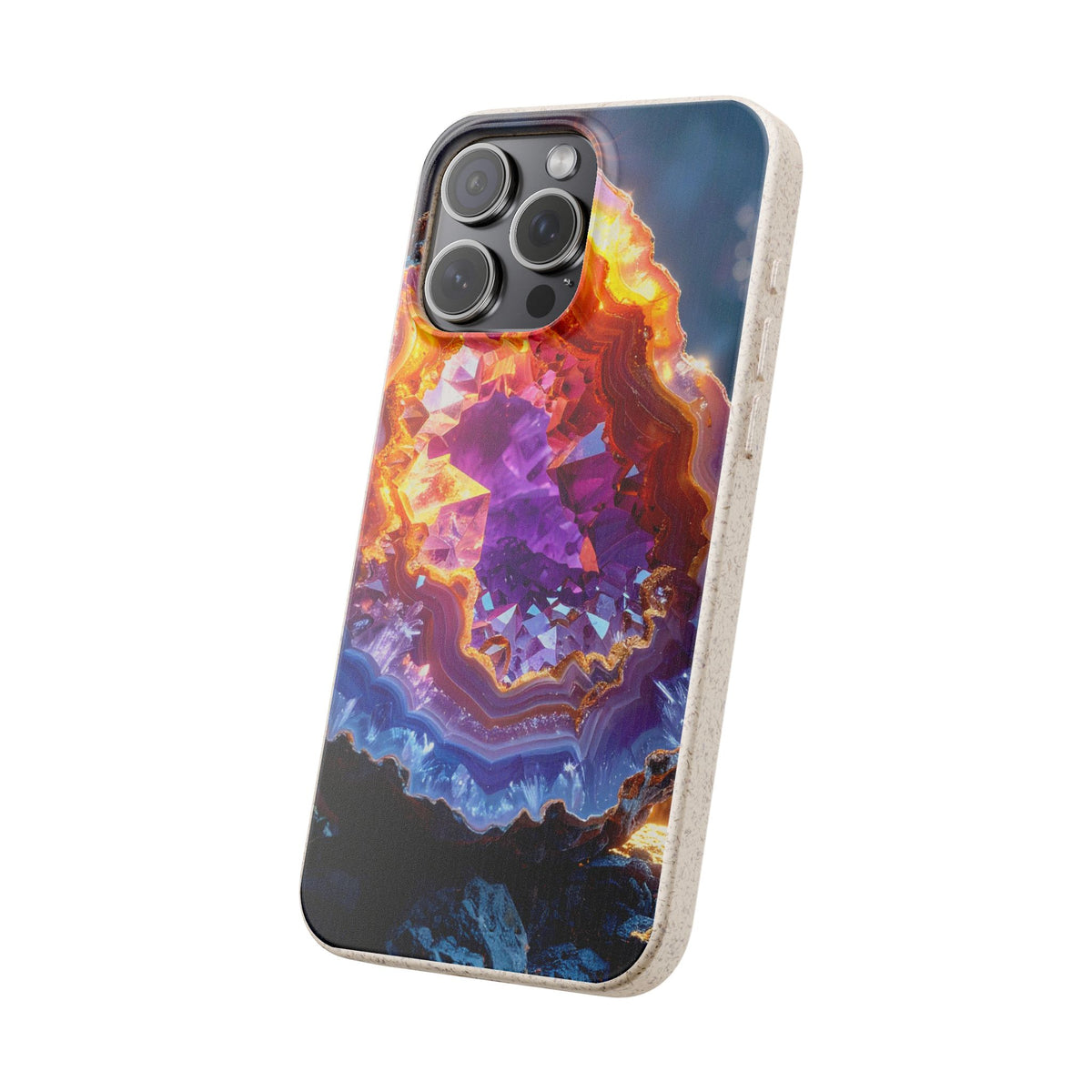 A protective phone case with a vivid geode design, shown on a clean white background. The case features a colorful crystal cluster pattern with purple, orange, yellow, and blue hues, and has a light beige textured outer bumper.