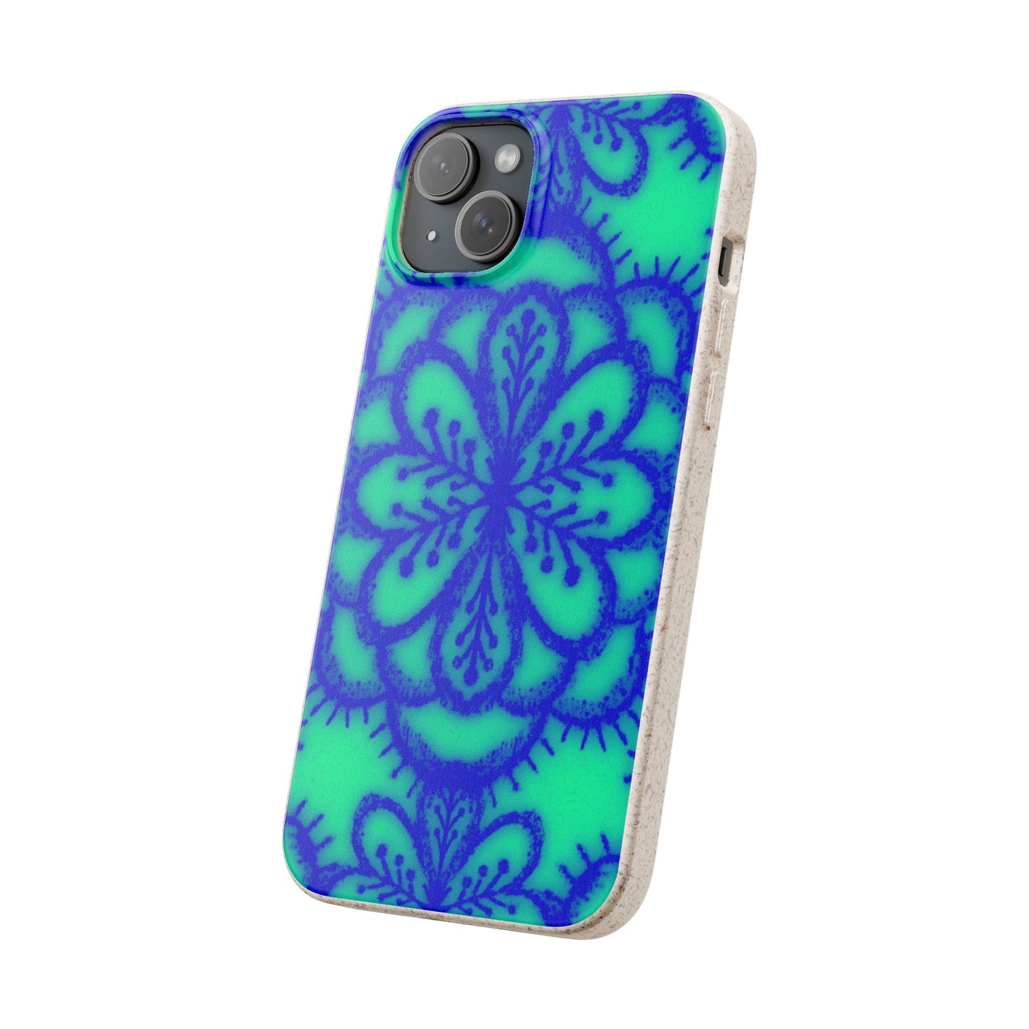 A phone case with a vibrant blue and green mandala pattern, shown on a plain white background.