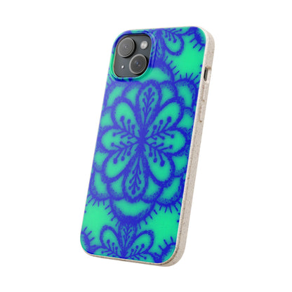 A phone case with a vibrant blue and green mandala pattern, shown on a plain white background.