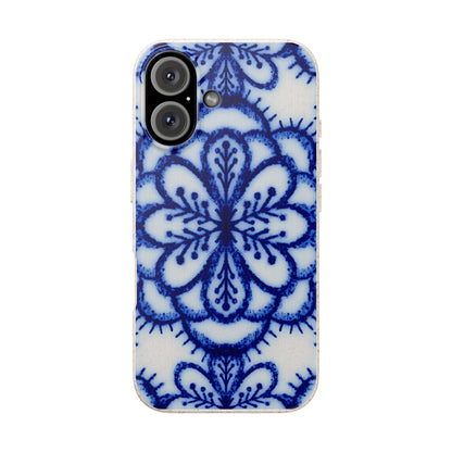 A phone case featuring a blue and white hand-painted style floral mandala pattern, shown on a plain white background.