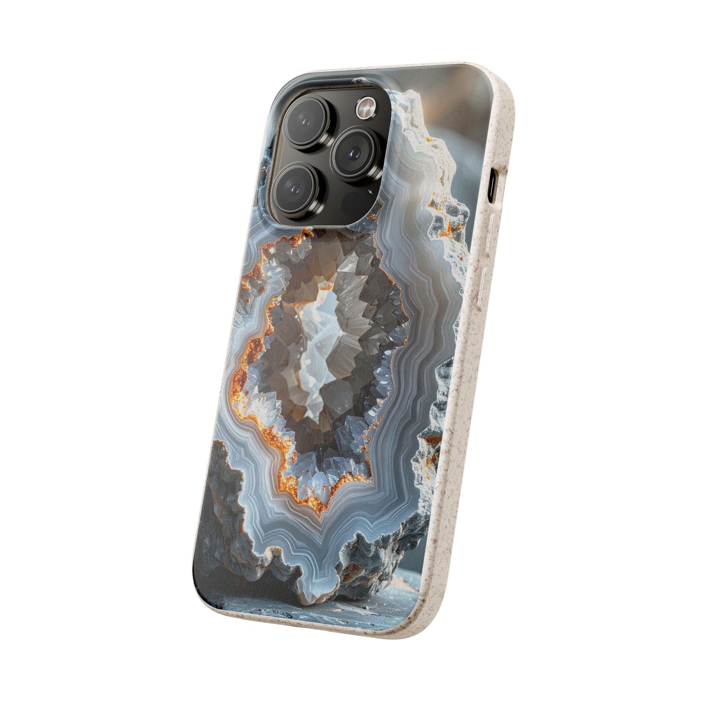 A protective phone case featuring a realistic agate geode pattern with swirling bands of gray, blue, white, and orange, shown on a light gray background.