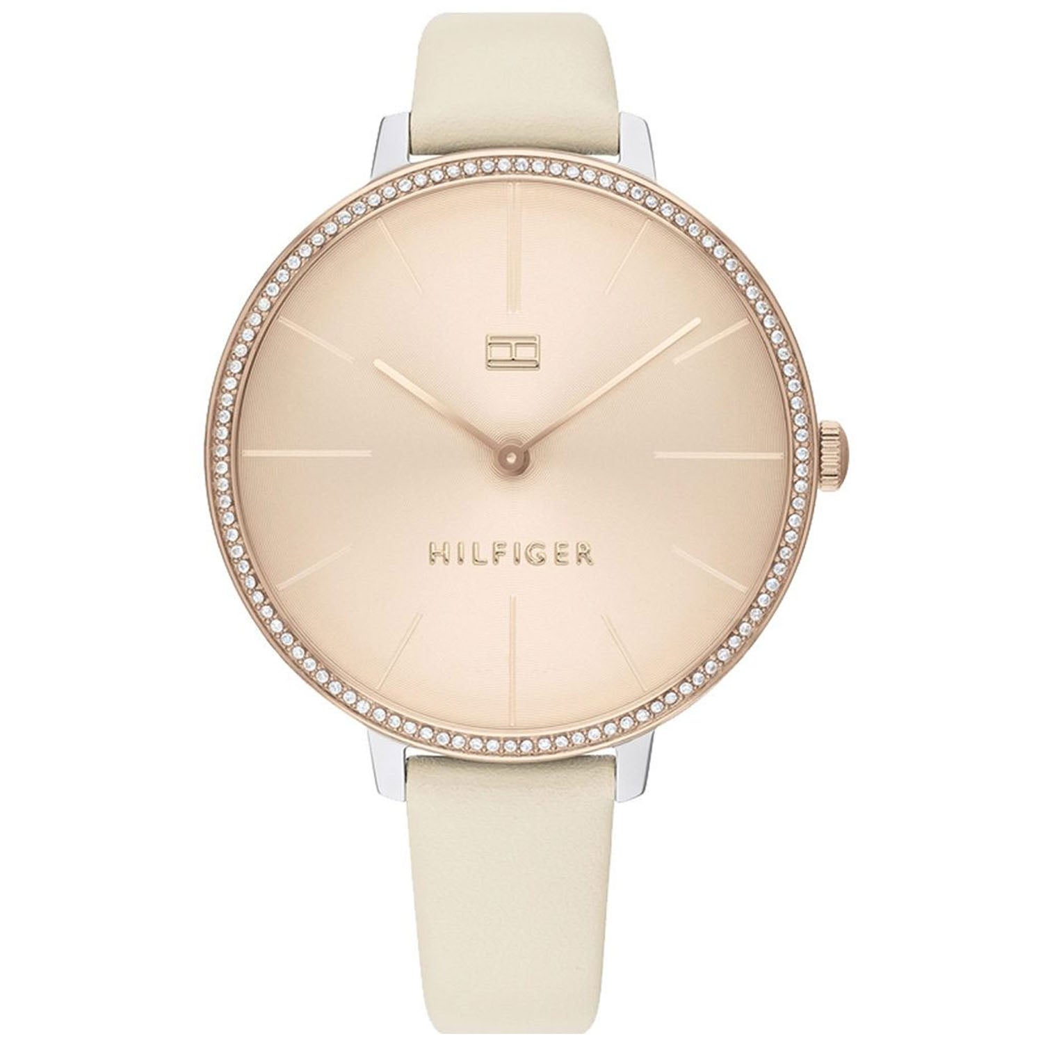 Tommy Hilfiger women's Kelly watch with a rose gold-tone case, beige dial, and cream leather strap.