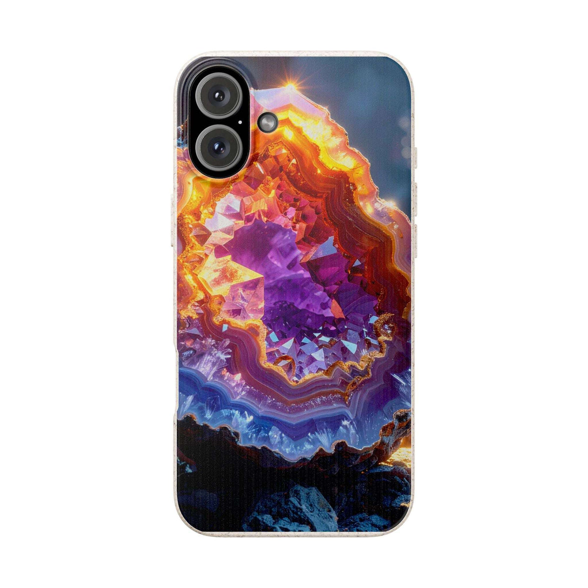 A clear iPhone case featuring a vibrant, colorful geode print with purple, orange, yellow, and blue crystal formations, shown on a plain white background.