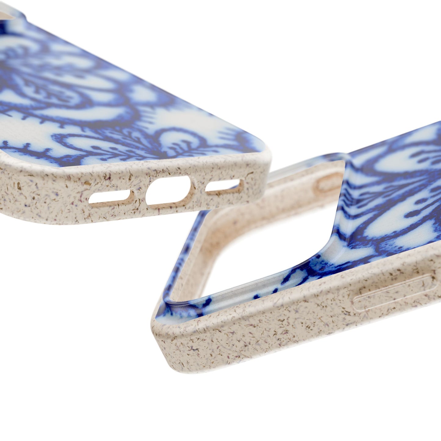 Close-up of a phone case with a speckled beige base and blue floral pattern, shown from multiple angles on a white background.