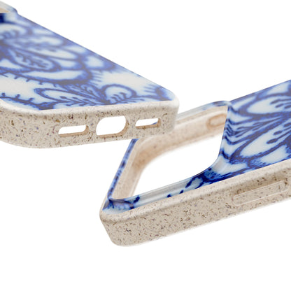 Close-up of a phone case with a speckled beige base and blue floral pattern, shown from multiple angles on a white background.