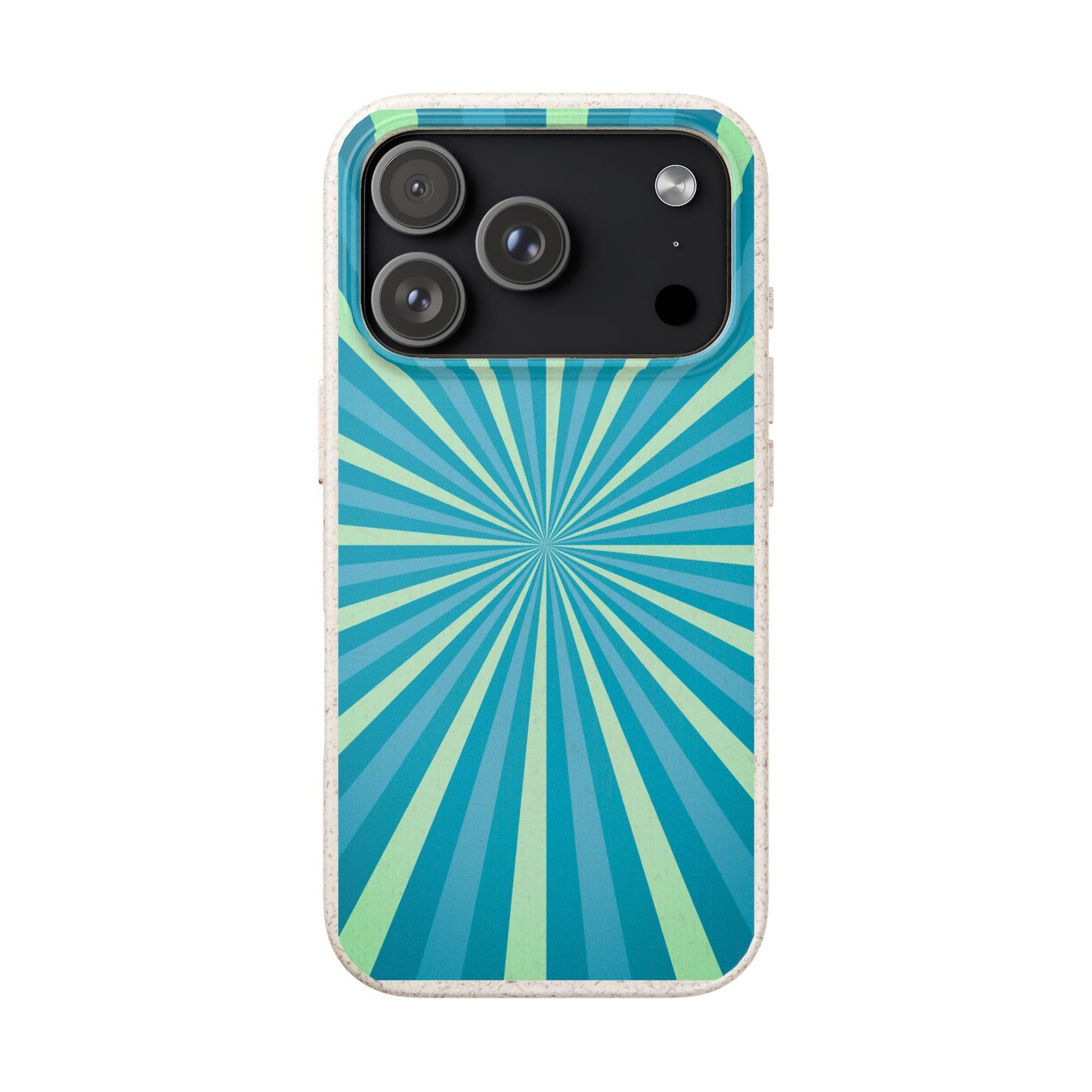 A phone case featuring a retro radial sunburst pattern in shades of teal, blue, and mint green, with a light beige textured border, shown on a plain white background.