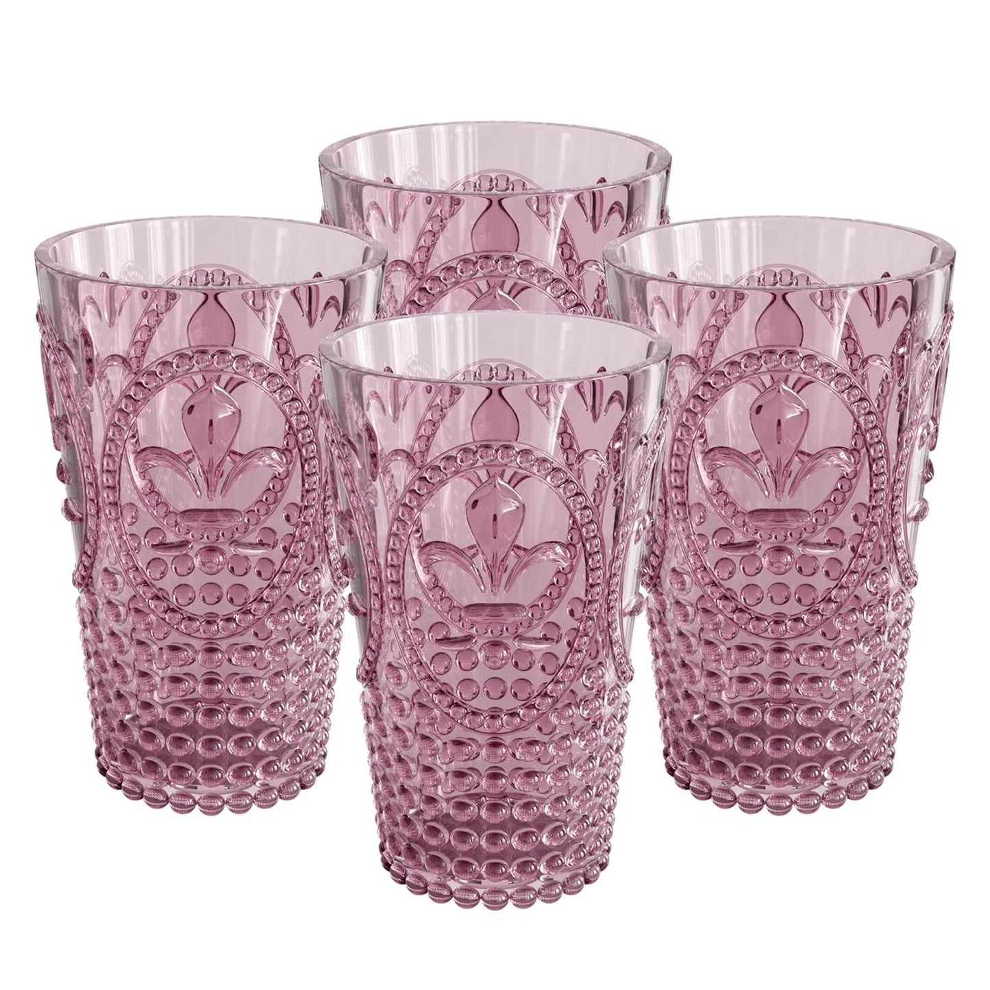 Set of four pink glass tumblers with decorative patterns on a white background