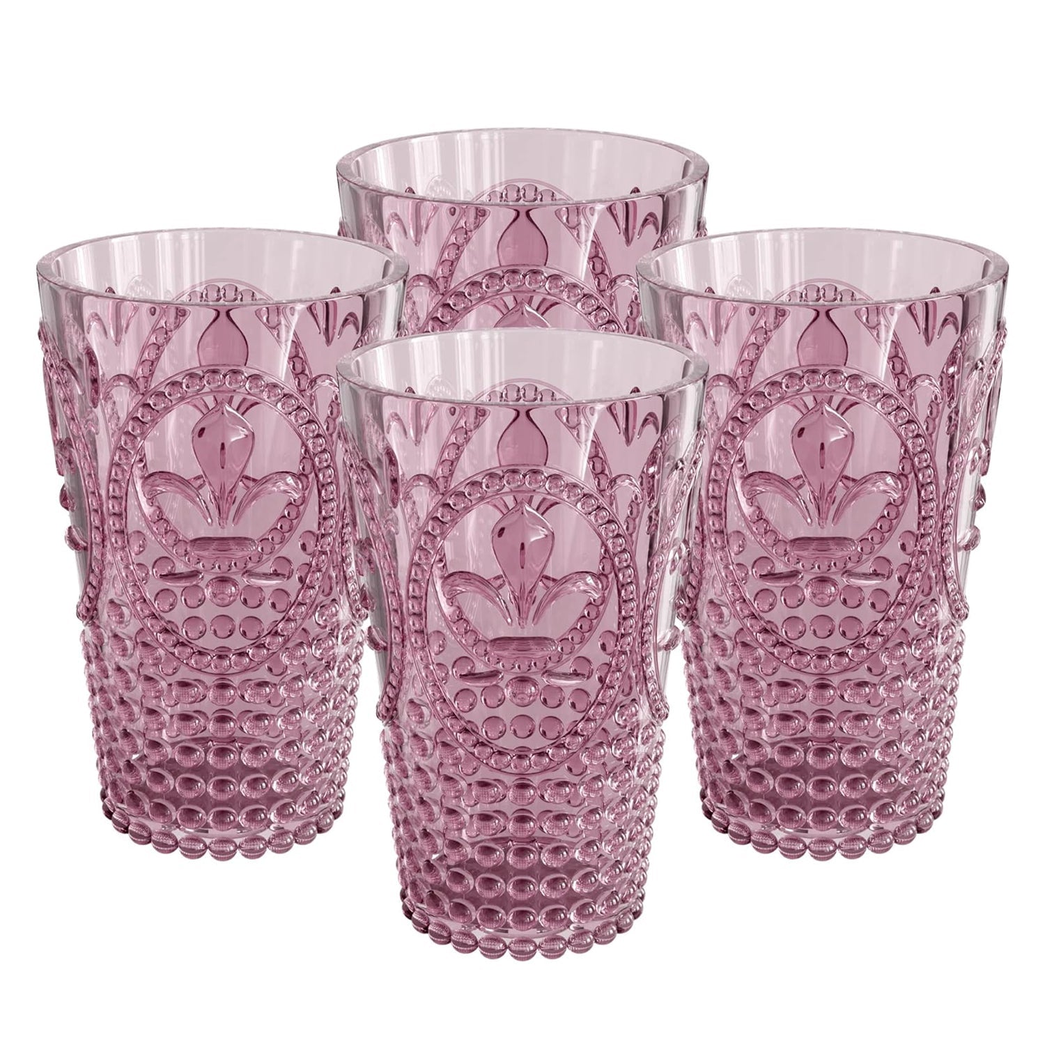 Set of four pink glass tumblers with decorative patterns on a white background