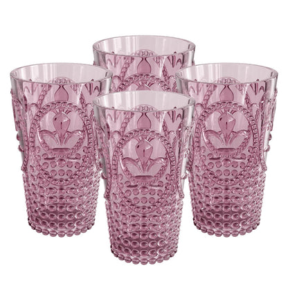 Set of four pink glass tumblers with decorative patterns on a white background