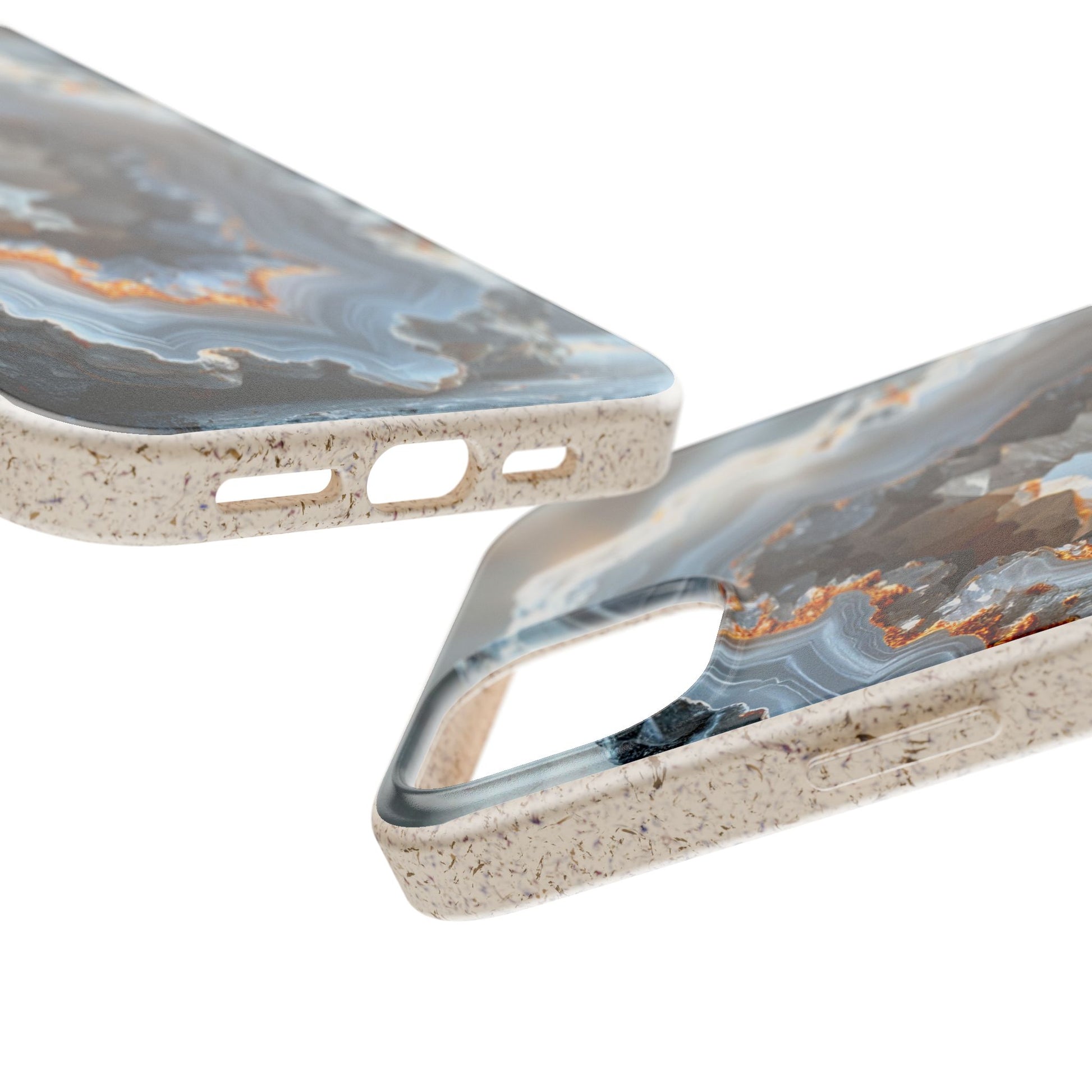 Two smartphone cases with a marbled agate-like pattern in gray, blue, white, and brown, featuring a textured beige speckled edge, shown on a white background.