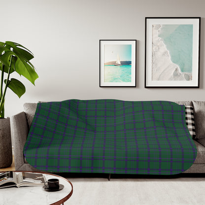 A green and purple tartan plaid throw blanket is draped over a gray sofa in a modern living room setting. The room features a light gray wall with two framed art prints, a potted green plant on the left, and a round coffee table in the foreground.
