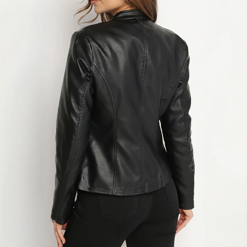 Black leather jacket worn by a person on a white background