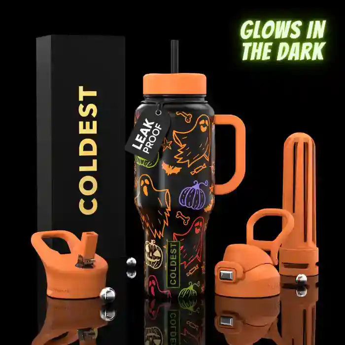 Black water bottle with orange accents and Halloween designs, surrounded by orange accessories on a black background.