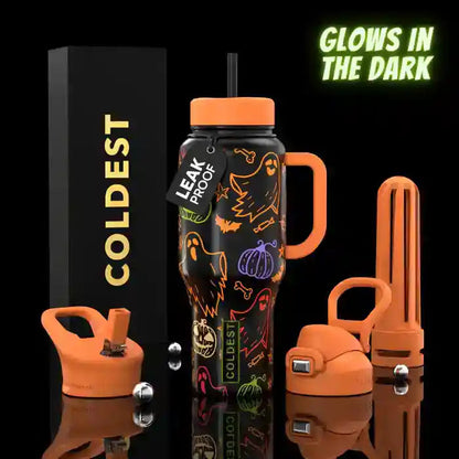 Black water bottle with orange accents and Halloween designs, surrounded by orange accessories on a black background.