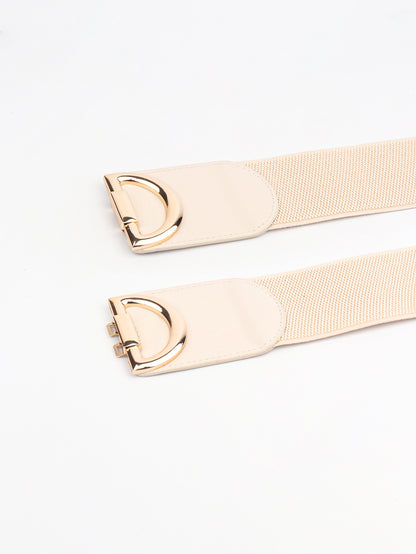 Two beige belts with gold buckles on a white background