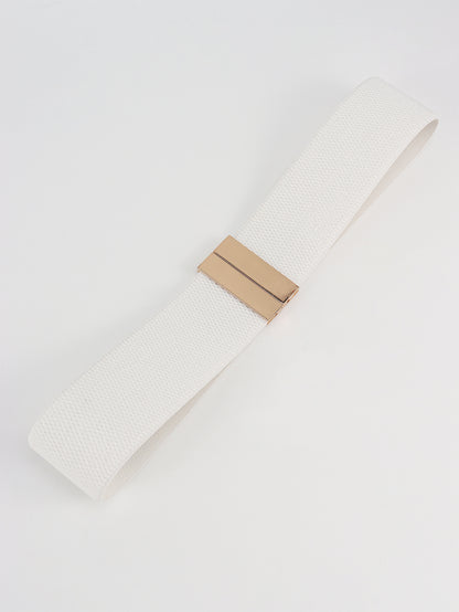 White clutch bag with a gold clasp on a light gray background
