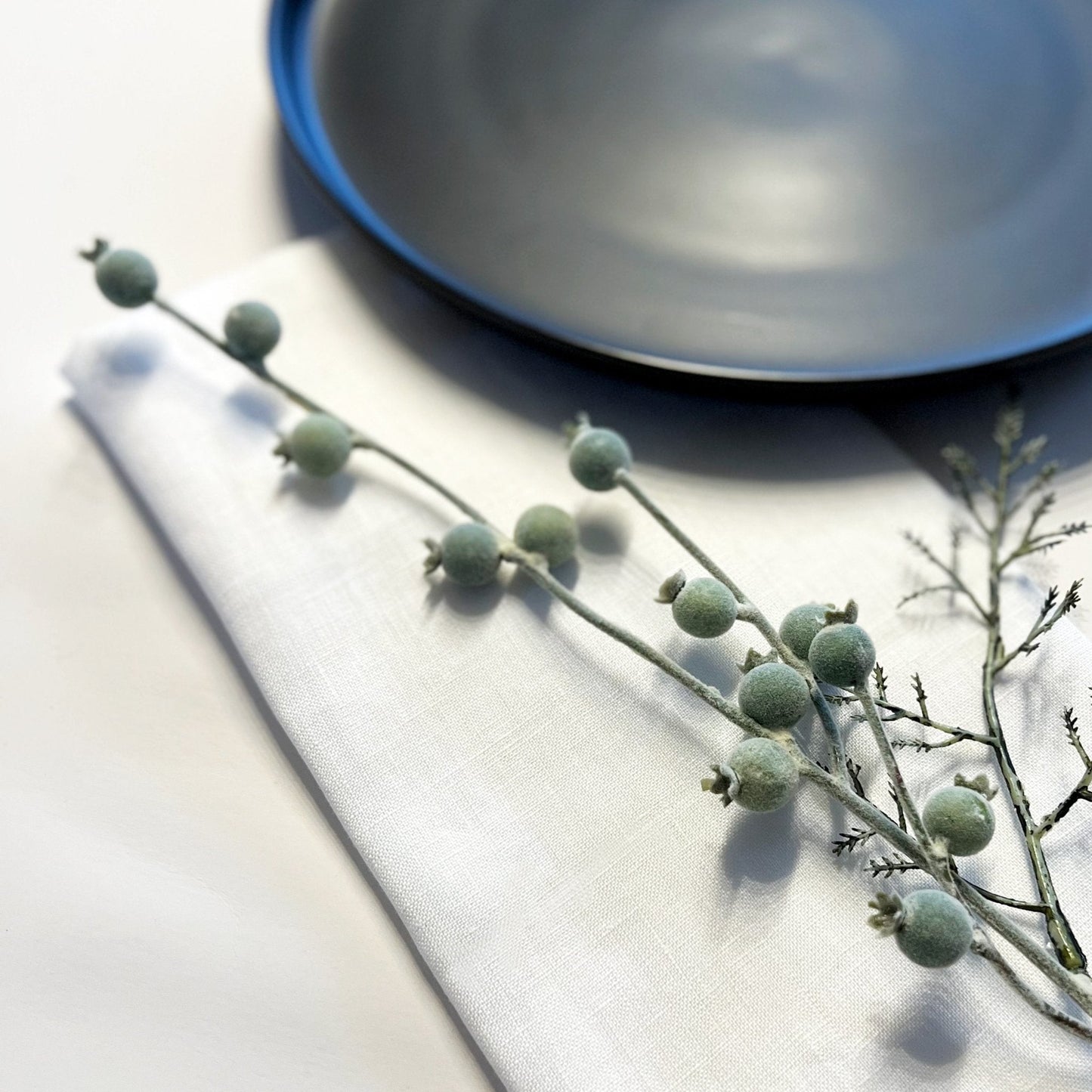 Blue ceramic plate on a white surface with green branches.