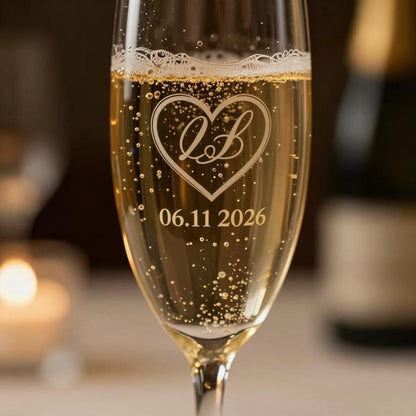 Double Hearts Engraved 8.25 oz Champagne Flute — Personalized Celebration Glass