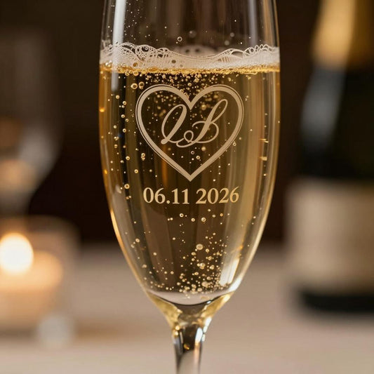 Close-up of etched double hearts design with initials and date on champagne flute