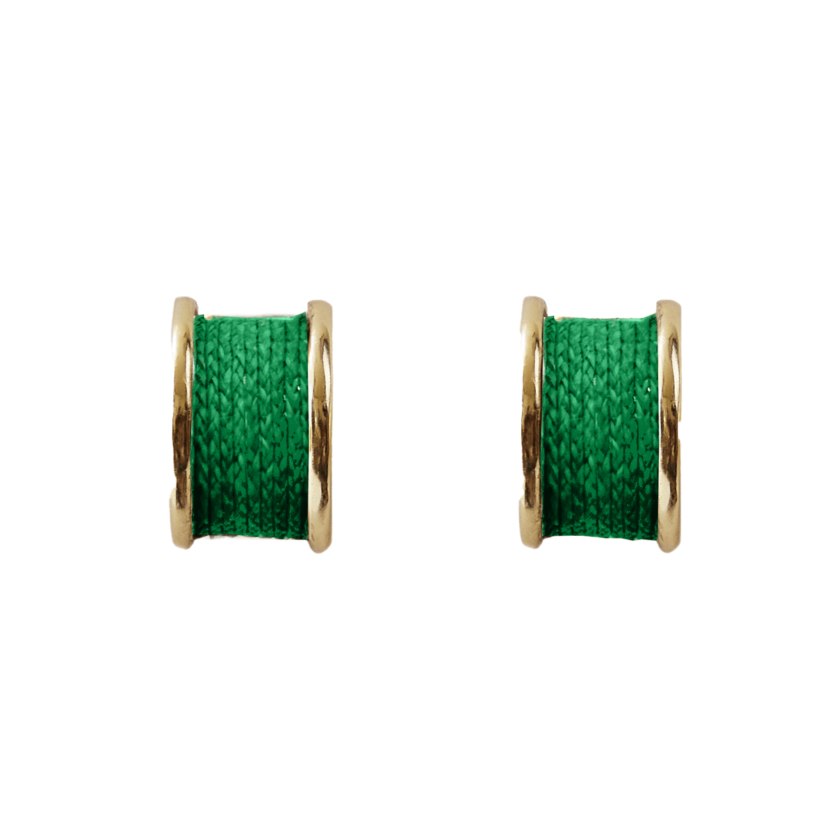 Pair of earrings resembling green spools with gold accents on a white background