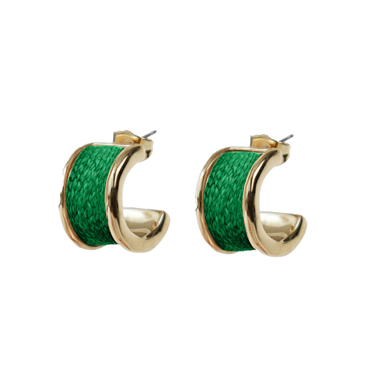 Angled view of Akola Rose huggie earrings with emerald green raffia and gold-tone edges.
