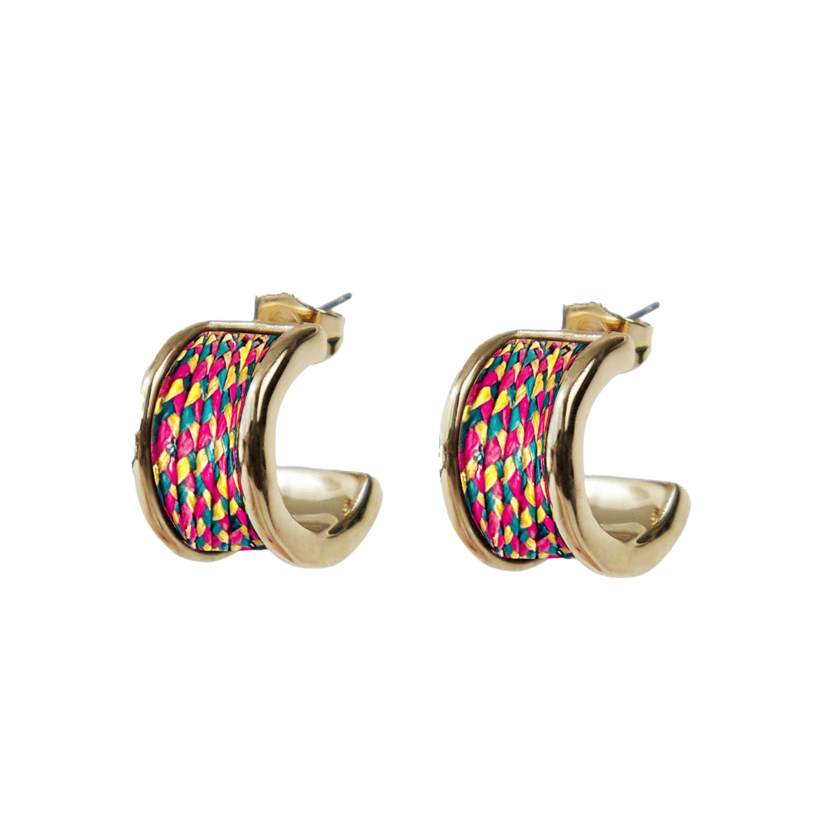Gold hoop earrings with colorful pattern on a white background