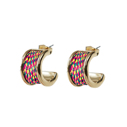 Gold hoop earrings with colorful pattern on a white background
