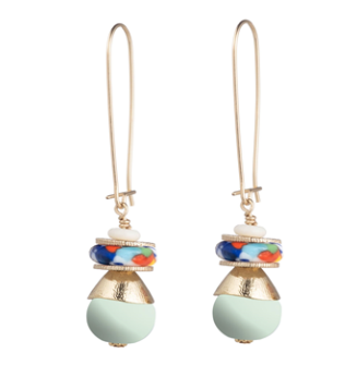A pair of gold-tone drop earrings with a colorful marbled bead, a small white bead, and a round mint green bead at the bottom, shown on a plain white background.