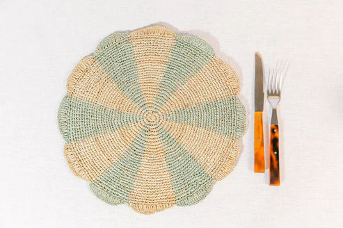 Pinwheel blue placemat with a scalloped edge, featuring alternating light blue and natural raffia colors.