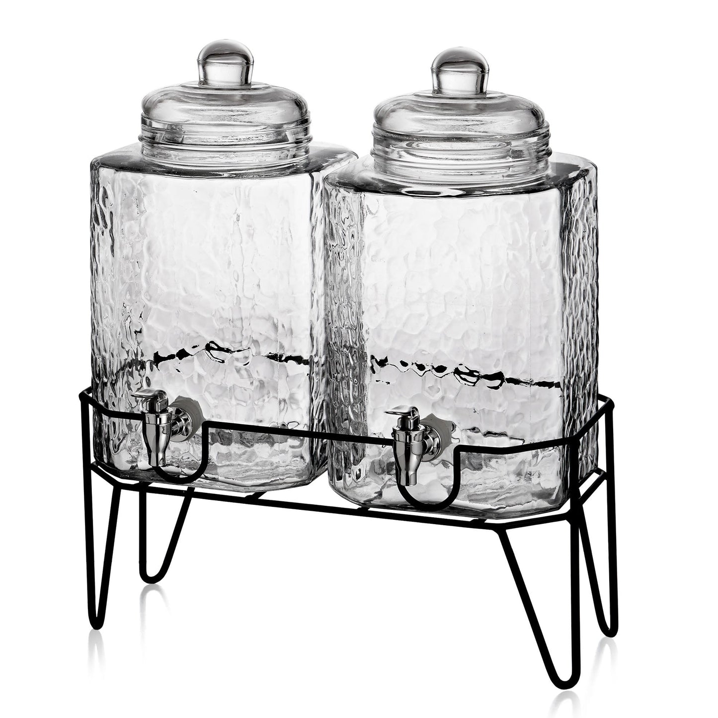 Set of two glass drink dispensers with stand.