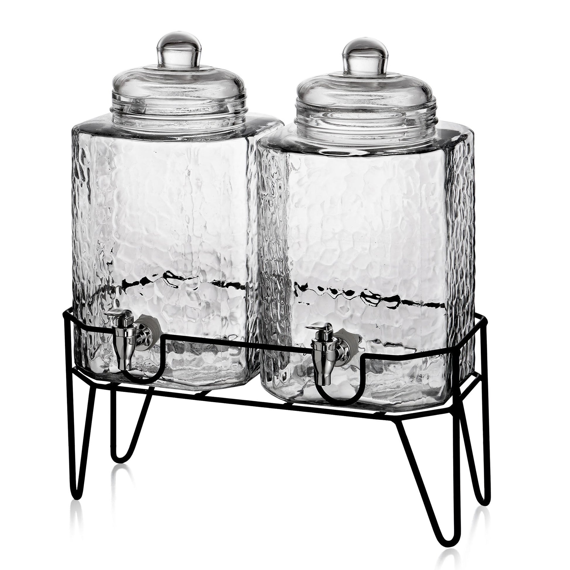 Set of two glass drink dispensers with stand.