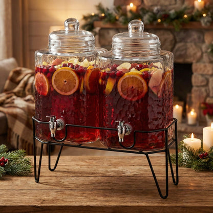 Set of two glass drink dispensers with stand.