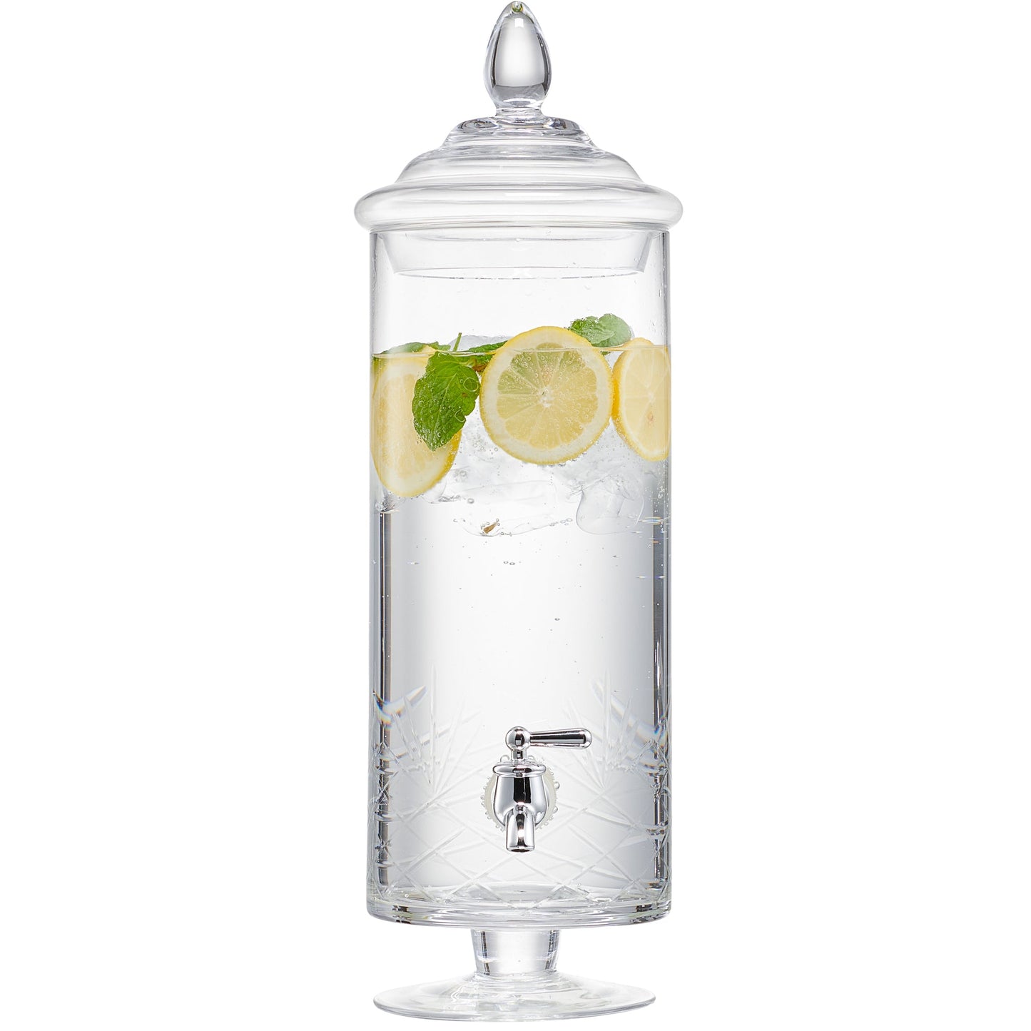 Tall cylindrical glass beverage dispenser with a metal spigot, lid, and lemon slices inside.