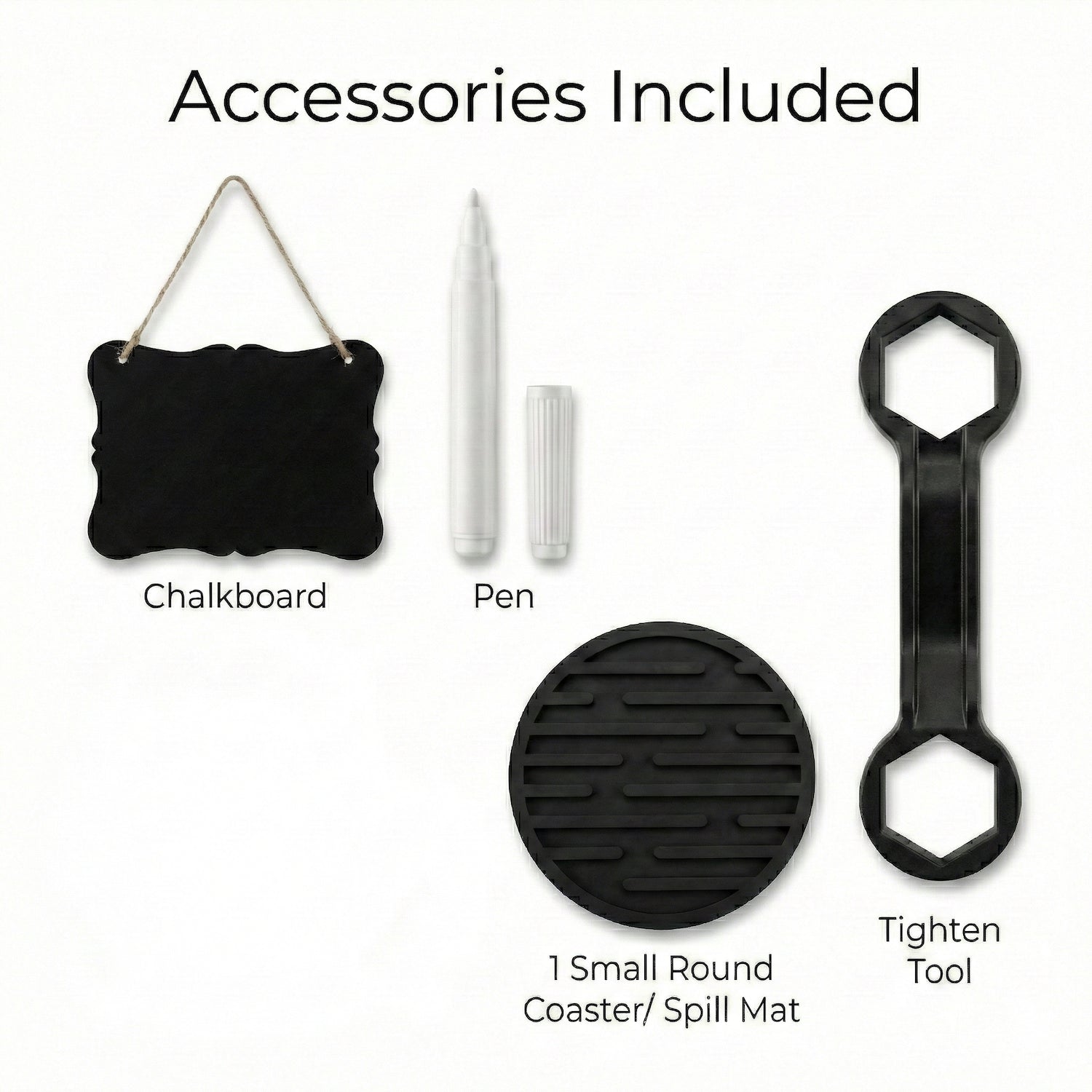 Black chalkboard, white pen, round black coaster, and black plastic tighten tool arranged on a white background.