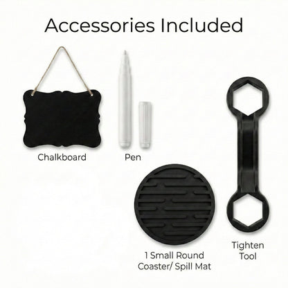 Black chalkboard, white pen, round black coaster, and black plastic tighten tool arranged on a white background.