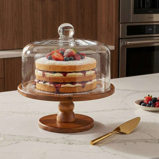 Layered berry cake on a wood pedestal stand with a glass dome lid, set on a white counter with a gold server.