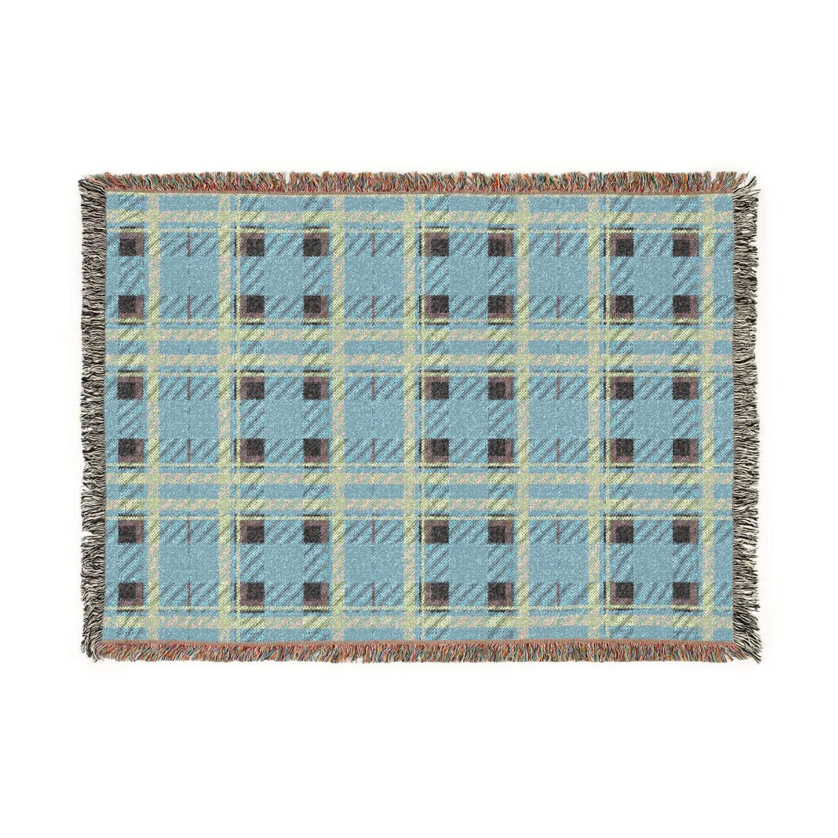 A rectangular woven throw blanket with a light blue plaid pattern, cream and olive green intersecting stripes, and dark brown checkered squares, finished with fringed edges.