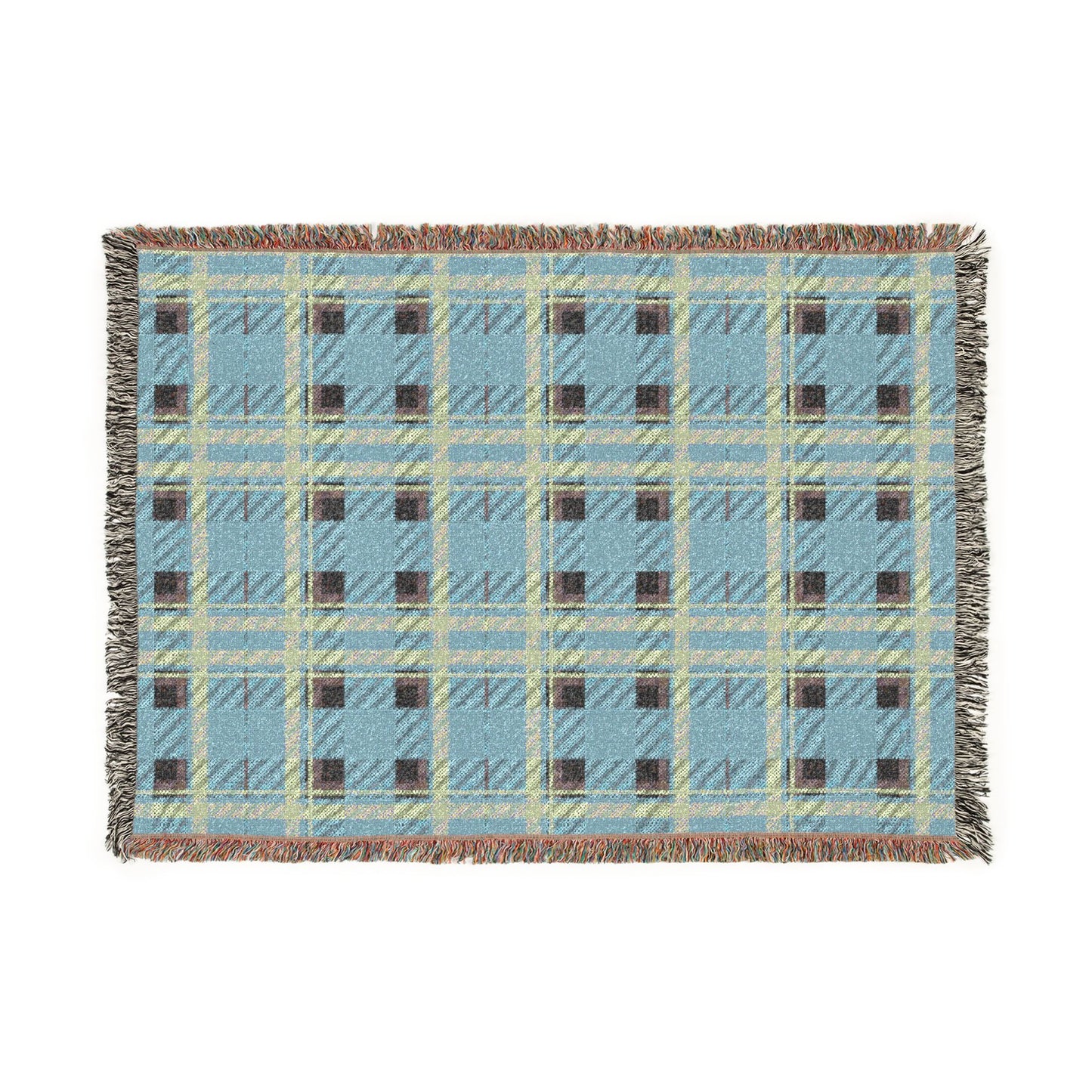 A rectangular woven throw blanket with a light blue plaid pattern, cream and olive green intersecting stripes, and dark brown checkered squares, finished with fringed edges.