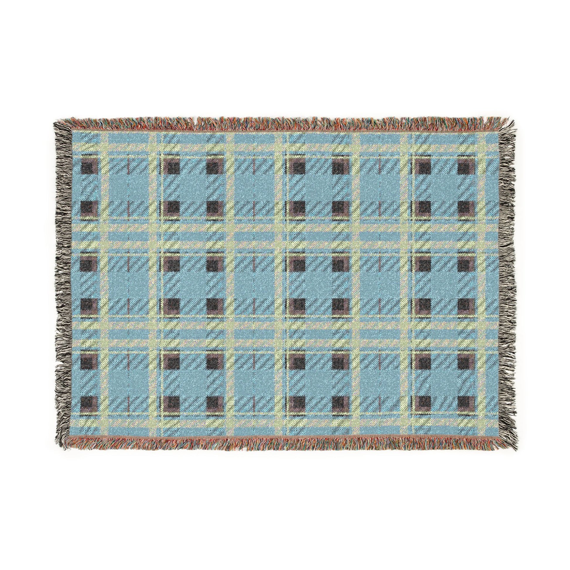 A rectangular woven throw blanket with a light blue plaid pattern, cream and olive green intersecting stripes, and dark brown checkered squares, finished with fringed edges.