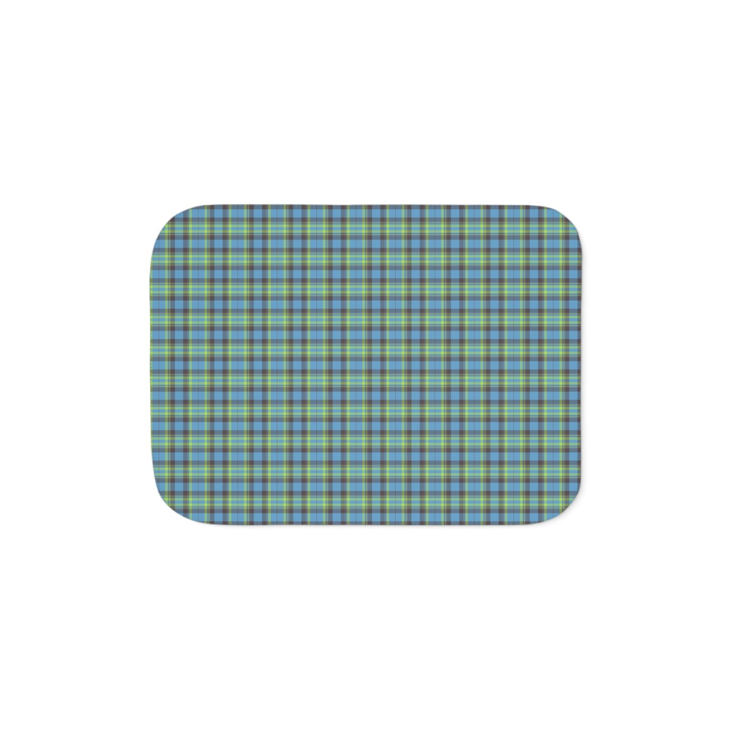 A rectangular mouse pad with rounded corners, featuring a blue and green plaid pattern on a white background.