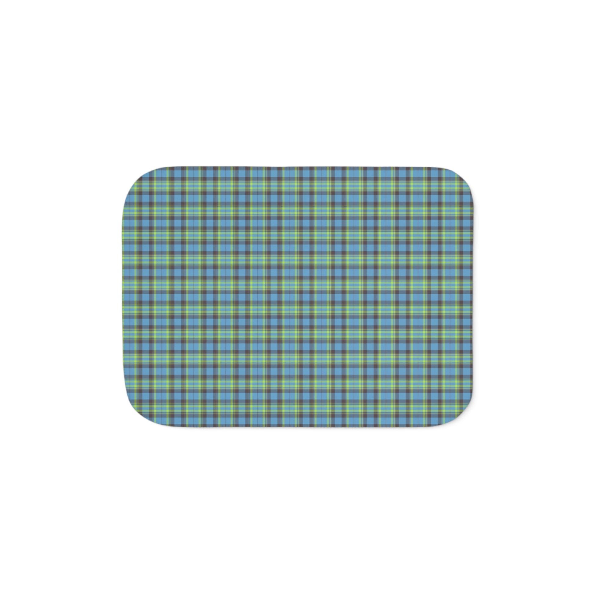 A rectangular mouse pad with rounded corners, featuring a blue and green plaid pattern on a white background.